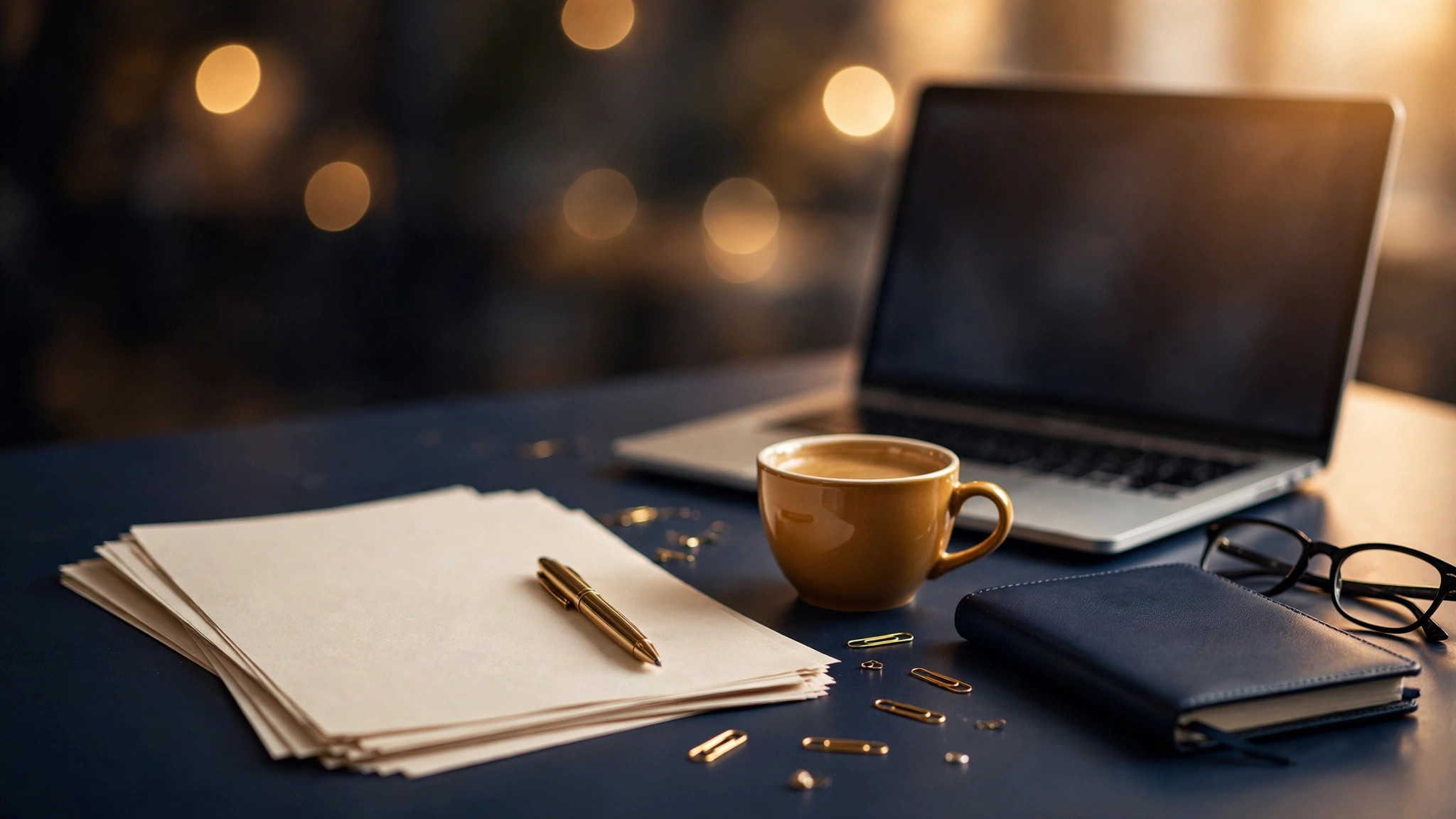 Paperwork with a gold pen, coffee cup, notebook, and laptop on a contractor desk