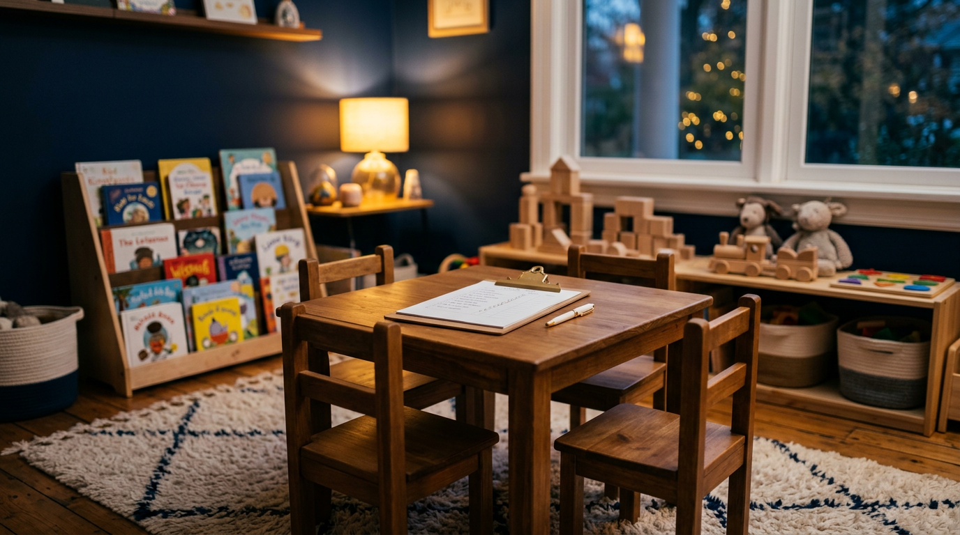 A tidy home daycare play corner with wooden blocks, small chairs, books, and a licensing checklist on a table