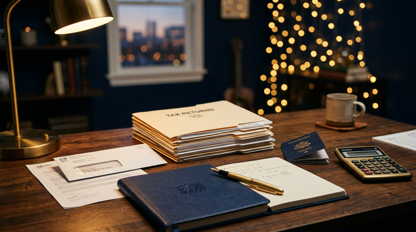 A business owner’s desk with tax return folders, a passport, a gold pen, and a navy notebook under warm lighting