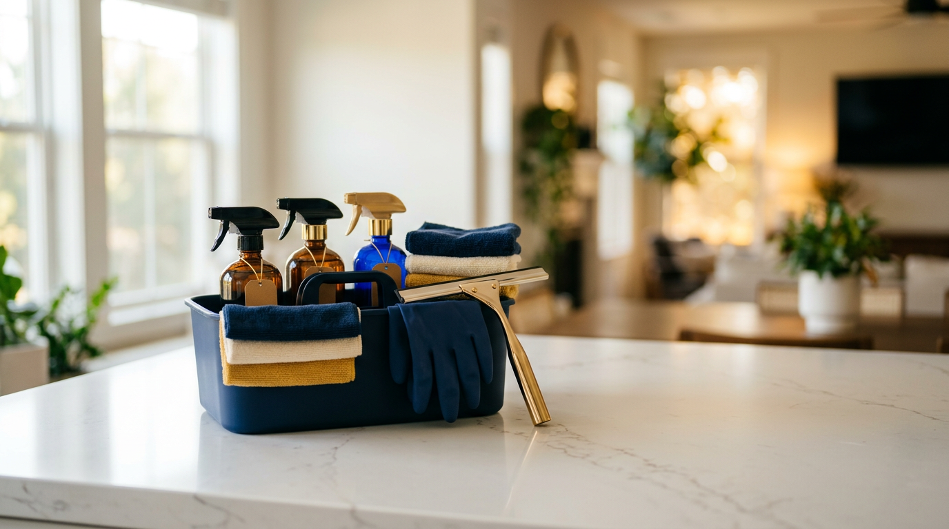 A professional cleaning supply caddy with spray bottles, microfiber cloths, and a squeegee on a clean counter in a bright room