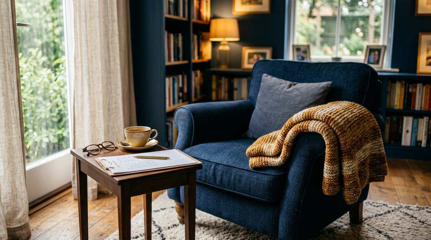 A cozy armchair with a folded blanket, a cup of tea, reading glasses, and a care schedule clipboard in a warm living room