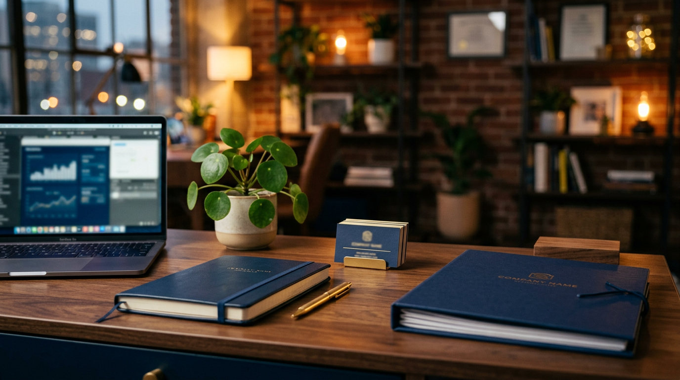 A new business founder’s desk with a navy notebook, laptop, gold pen, and business cards under warm light
