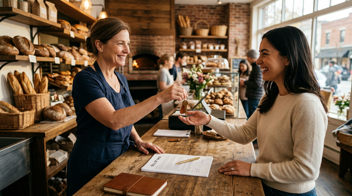 A business owner handing keys across a storefront counter to a new owner, with signed paperwork and a gold pen