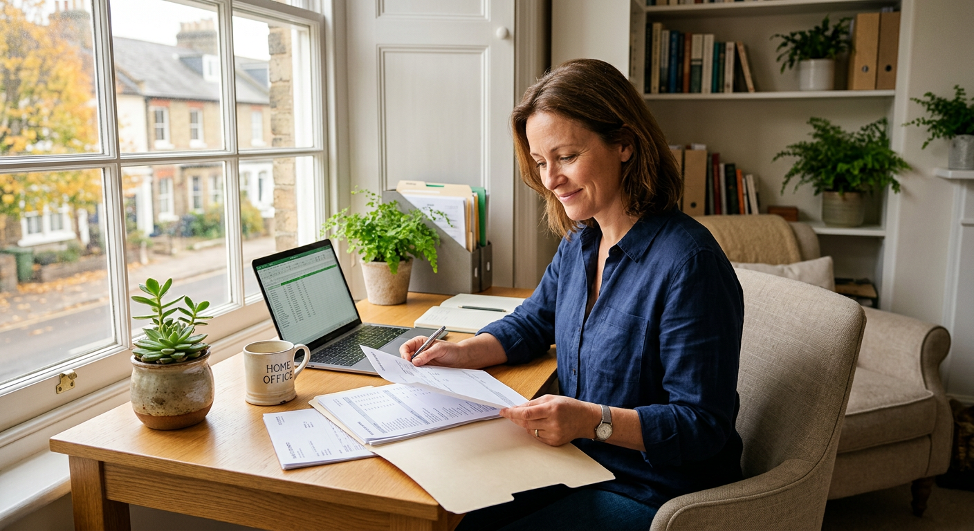 A business owner at a desk reviewing discharge papers and bank statements next to a laptop and a small sprouting plant