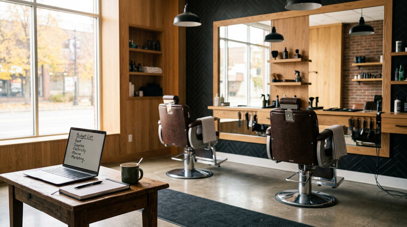 A bright barbershop interior with two empty barber chairs facing a mirror and a desk with a laptop and budget notes in the foreground