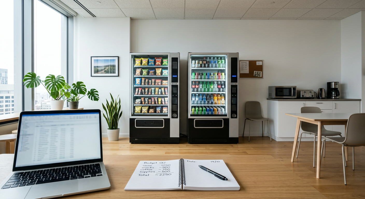 Two vending machines in a bright break room with a desk holding a laptop and budget notes in the foreground
