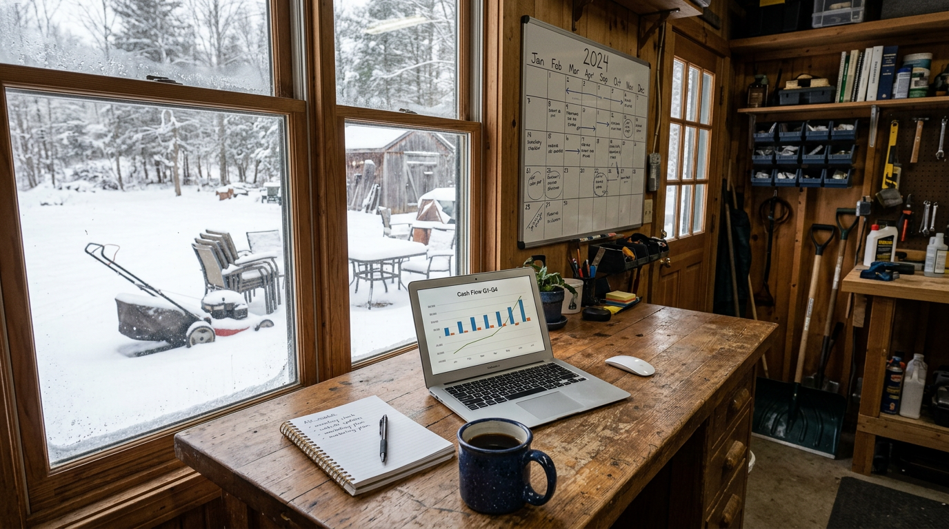 An off-season workshop desk with a wall calendar, laptop showing a cash flow chart, and a snowy yard with stored lawn equipment outside the window