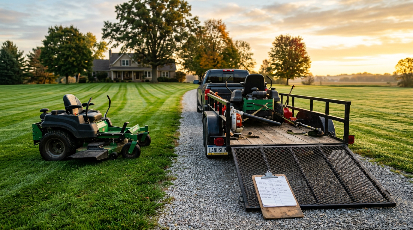A zero-turn mower and loaded utility trailer parked beside a freshly striped lawn at sunrise