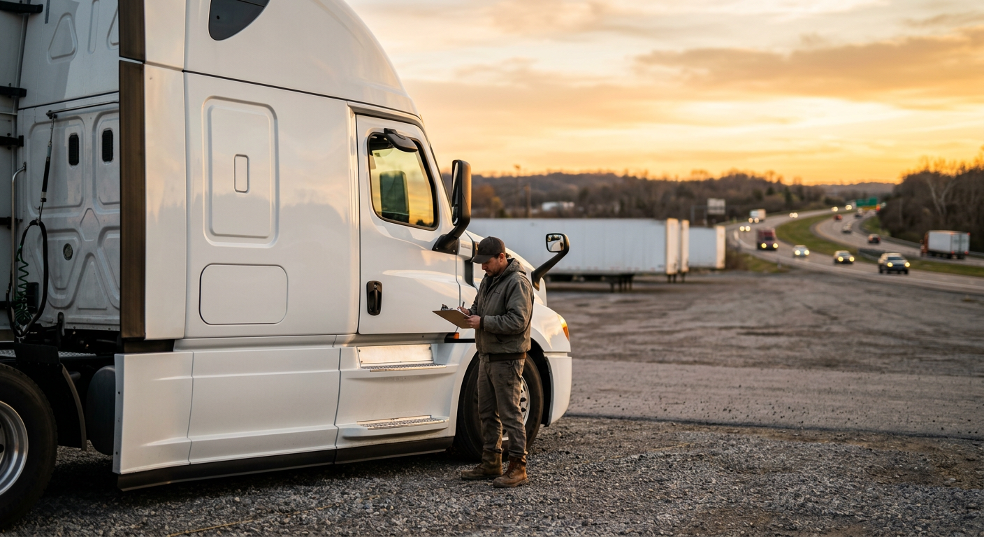 A new semi truck cab parked in a truck yard at golden hour while a driver reviews a clipboard