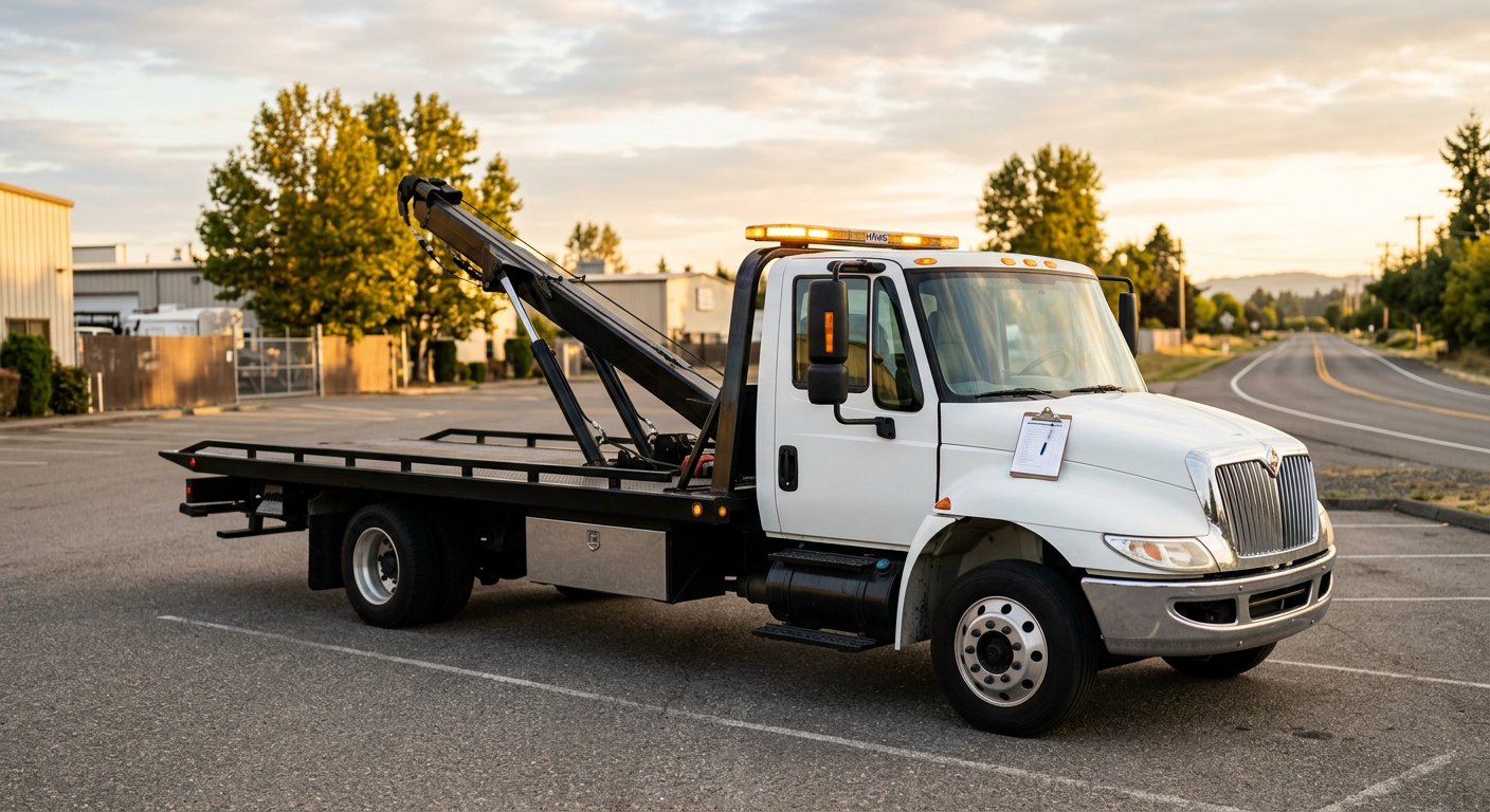 A white tow truck wrecker with an amber light bar parked in a commercial lot at golden hour
