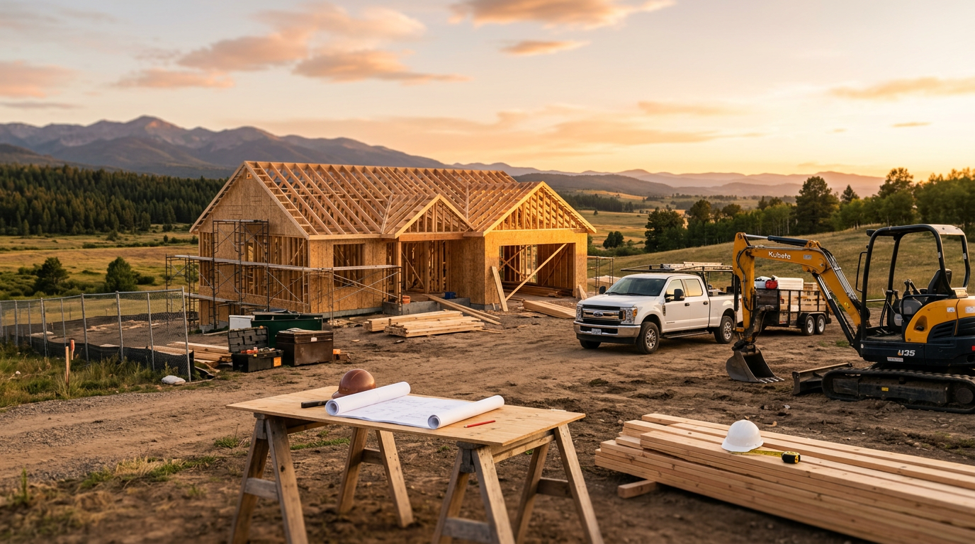 A house frame under construction with a pickup truck, trailer, and compact excavator at golden hour, with blueprints on a sawhorse table