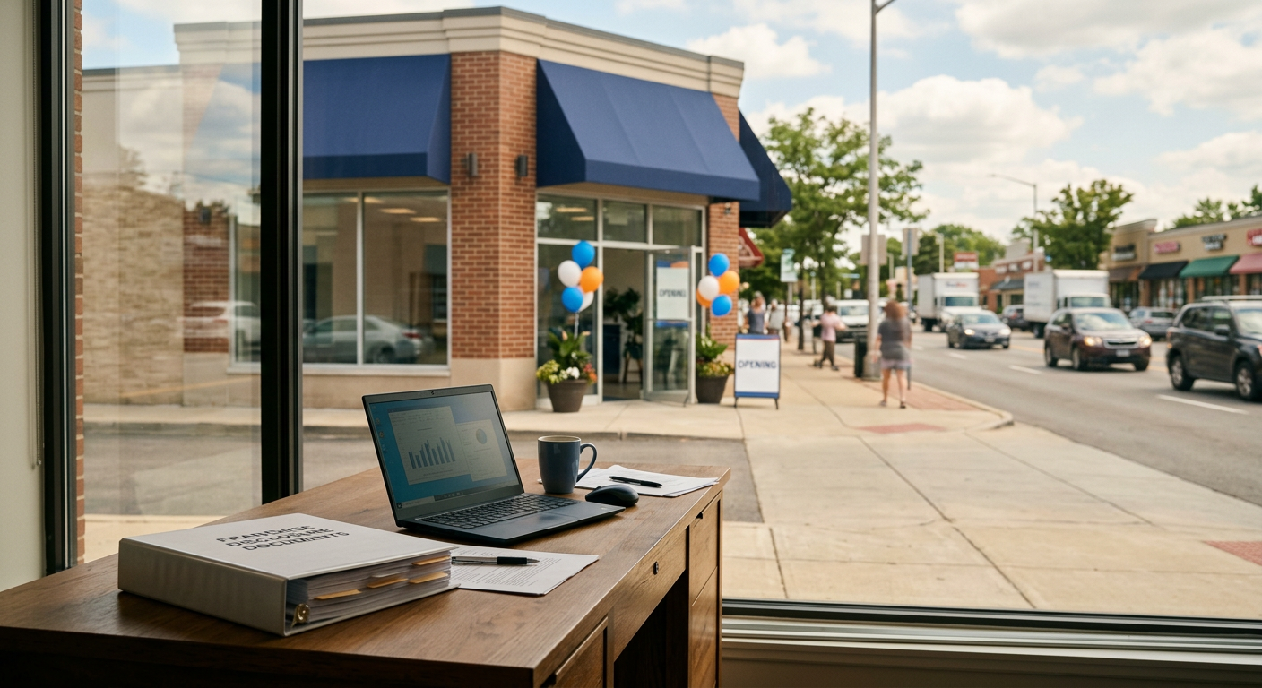 A new franchise storefront on a suburban street with a desk in the foreground holding a binder of franchise disclosure documents, a laptop, and a coffee cup