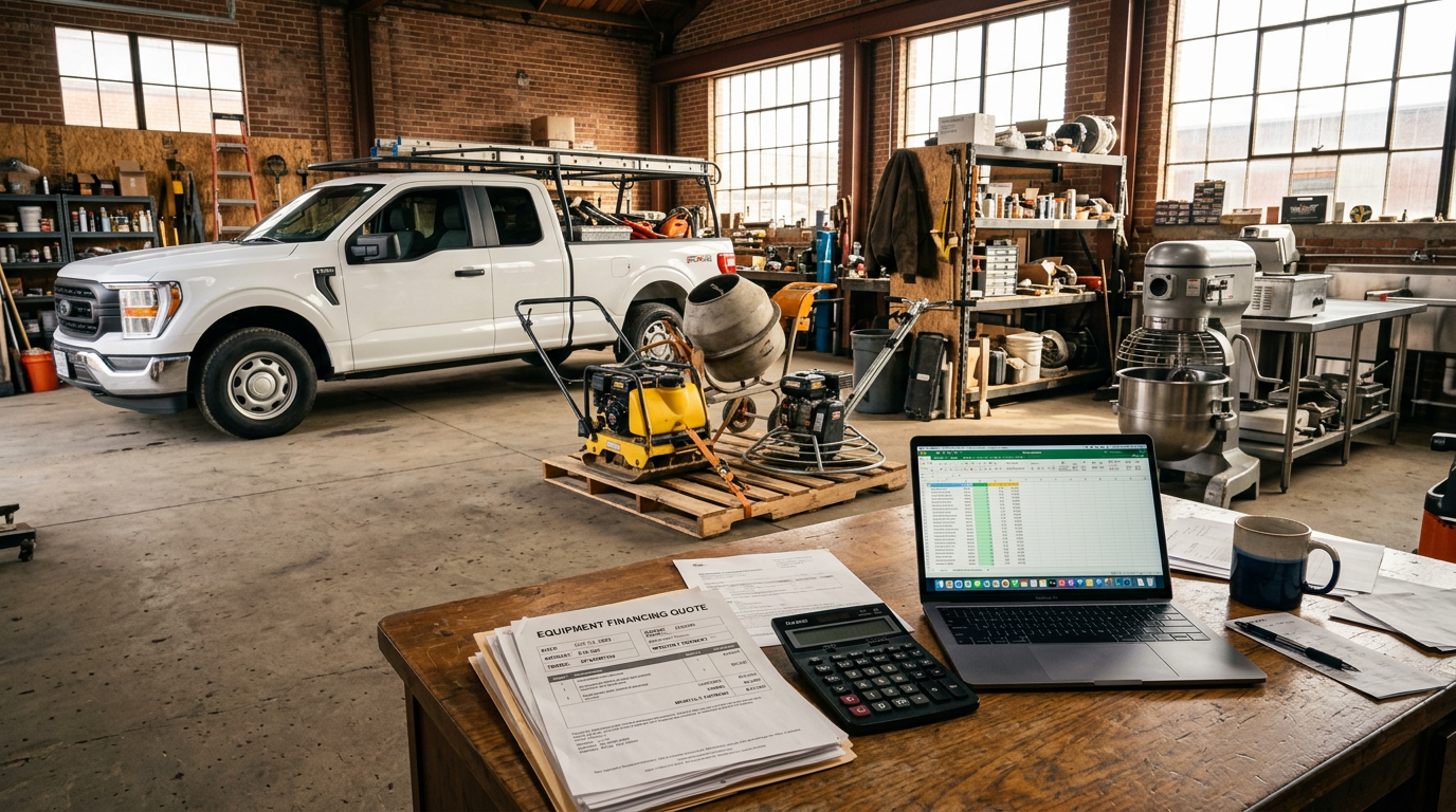A small business workshop with a new work truck and standard machinery, and a desk in the foreground holding an equipment financing quote, a calculator, and a laptop