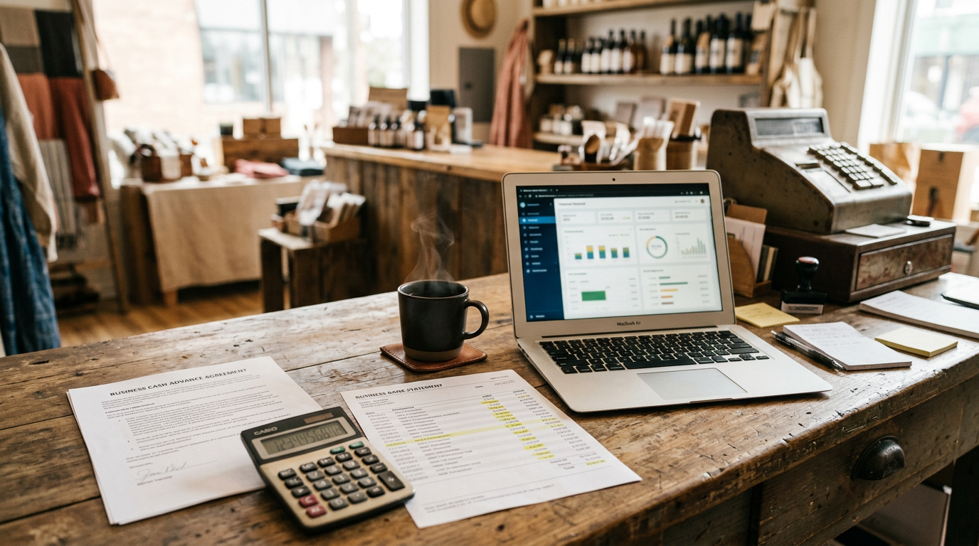 A small business owner's desk with a printed cash advance agreement, a calculator, a bank statement with daily debits highlighted, and a laptop
