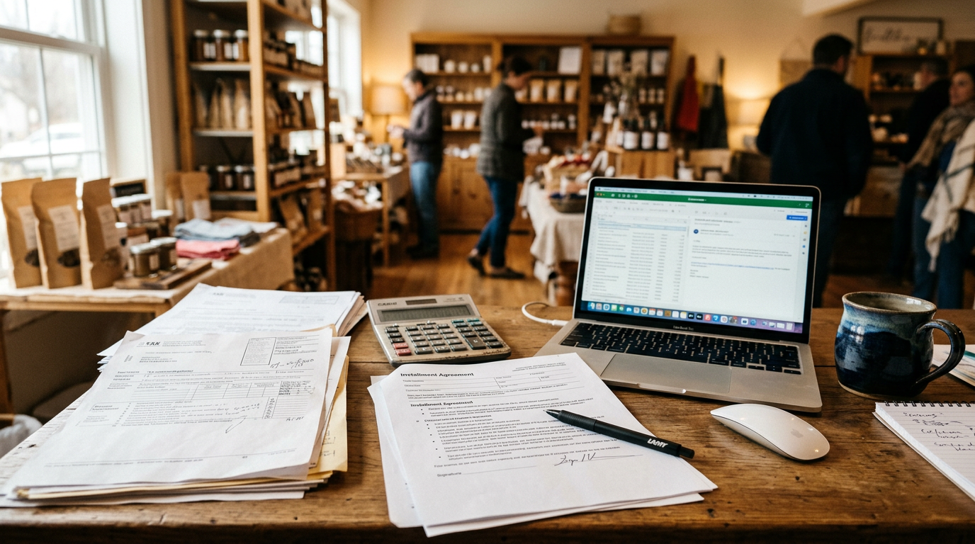 A small business owner's desk with tax notices, an installment agreement form, a calculator, and a laptop